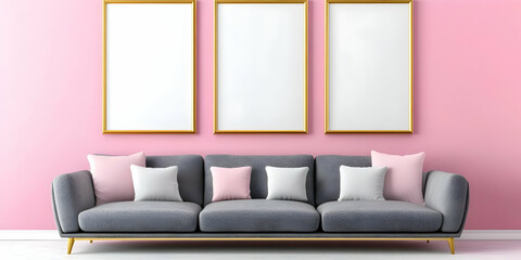 Pink Wall Grey Sofa 3D Illustration
