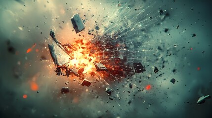 Explosive Digital powerful visual representation of a futuristic digital world collapsing in a chaotic burst of fragmented grids and disintegrating data streams