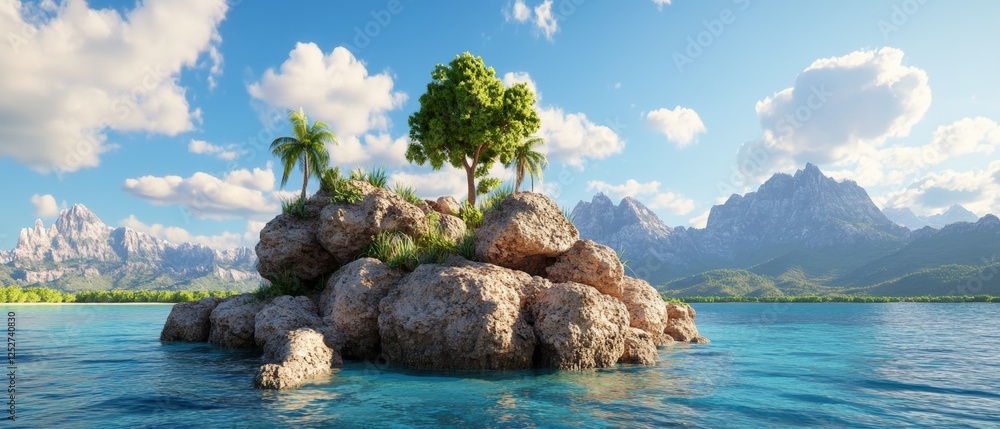 Poster small deserted island with a single tree surrounded by ocean in a high fidelity image