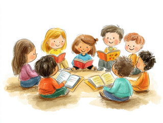 group of children joyfully participating in reading circle, sharing stories and engaging with books. Their expressions reflect excitement and curiosity as they explore new adventures together