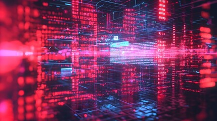 Malfunctioning Futuristic Holographic Interface Displaying System Failure Warnings in Glitched Neon Backdrop  Abstract digital technology background with dynamic data code and HUD elements in motion