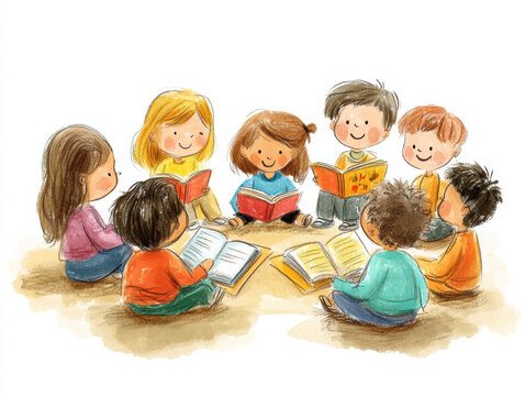group of children joyfully participating in reading circle, sharing stories and engaging with books. Their expressions reflect excitement and curiosity as they explore new adventures together
