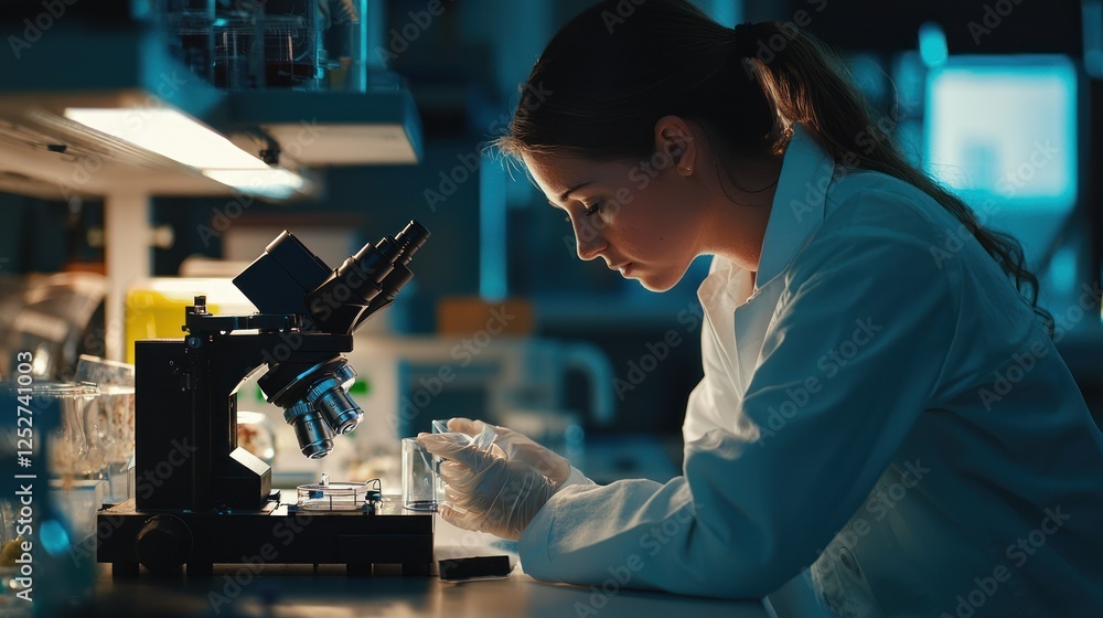 Poster a scientist analyzing food samples under a microscope in a nutritional biochemistry lab.