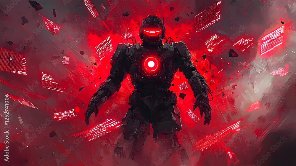 Poster a robotic figure surrounded by a chaotic display of red digital alerts and fragmented data evoking a