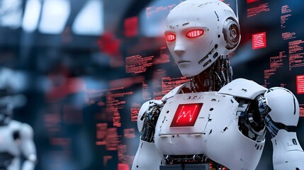 A robotic figure engulfed by a flurry of red alert signals and fragmented digital data symbolizing the potential dangers and disruptions of advanced technology and systems