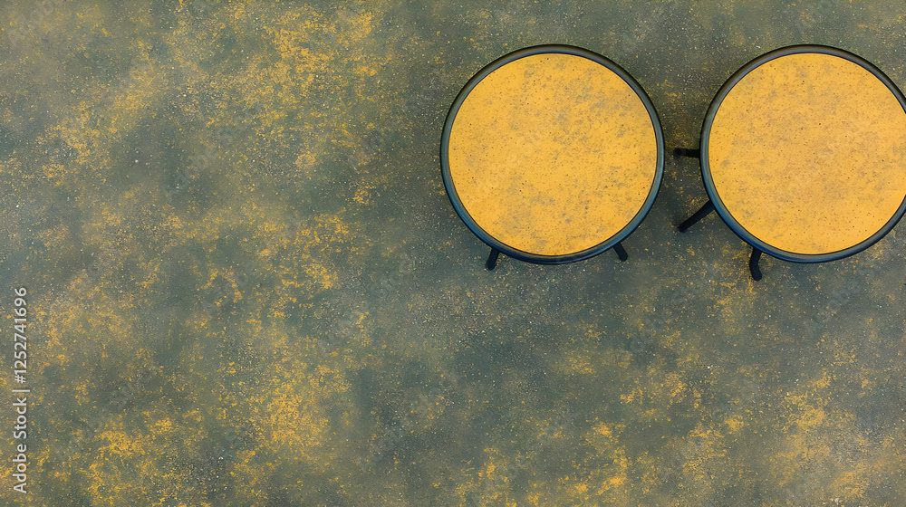 Poster overhead view of two small tables on a textured background