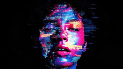 An image of a person's face digitally altered with vibrant colors and digital effects, depicting the blend of humanity with technology.