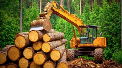 A heavy machinery crane stacks logs in a lush green forest, highlighting timber harvesting and the natural environment.