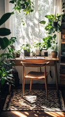 Obraz premium peaceful study environment with plants, natural light, and wooden desk. cozy atmosphere invites creativity and focus, surrounded by greenery and warmth