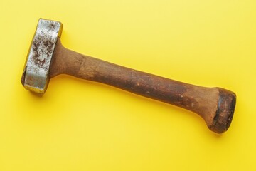 Rusty sledge hammer rests against a plain bright yellow background