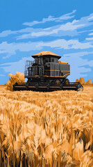 Fototapeta premium Harvest Scene Illustration: Combine Harvester in Golden Wheat Field