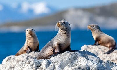 Naklejka premium Seals sunbathing on a rocky shore with stunning Antarctic scenery in the background, Generative AI