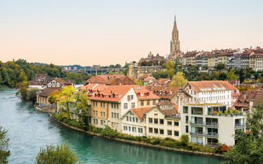 Bern, capital of Switzerland. Cityscape panorama view of the Old City of Bern and the river Aare. UNESCO World Heritage Site.