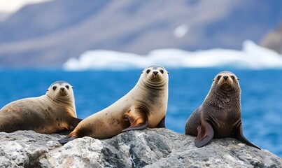 Obraz premium Seals sunbathing on a rocky shore with stunning Antarctic scenery in the background, Generative AI