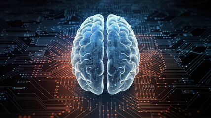 Illuminated Digital Brain Surrounded by Circuitry Network