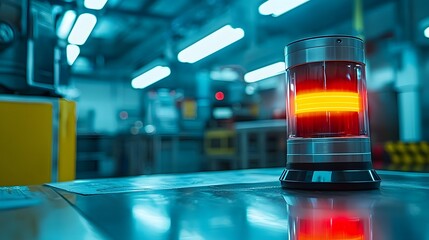 A futuristic warning device emitting bright blinking signals in a high tech industrial style crime scene or surveillance setting