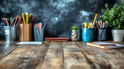 Creative workspace brimming with vibrant tools and greenery on rustic wooden desk