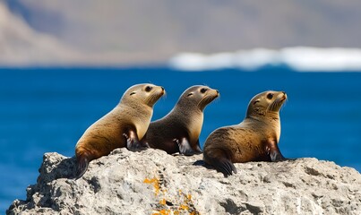 Fototapeta premium Seals sunbathing on a rocky shore with stunning Antarctic scenery in the background, Generative AI