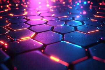 Abstract Futuristic Hexagon Pattern With Neon Glowing Light