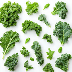 Fresh kale leaves, flatlay, white background, healthy food