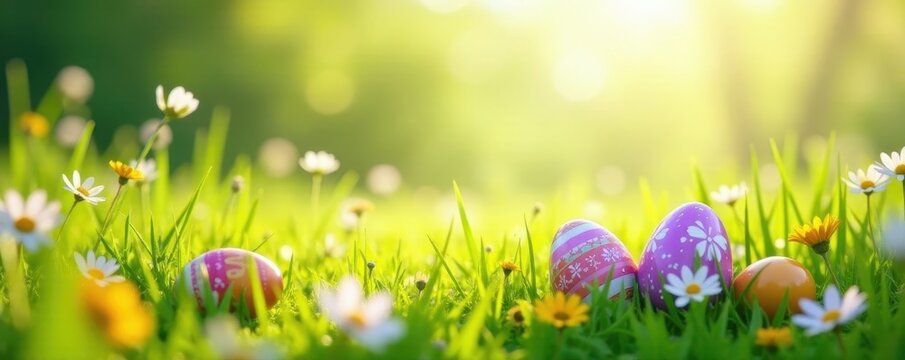 Easter eggs hidden among the wildflowers and tall grasses in a sunny meadow, bunte ostereier, eggs