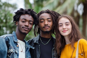 Fototapeta premium Three friends smiling together in a modern indoor setting during daytime