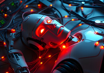 Fallen Robot with Glowing Eyes Laying Down
