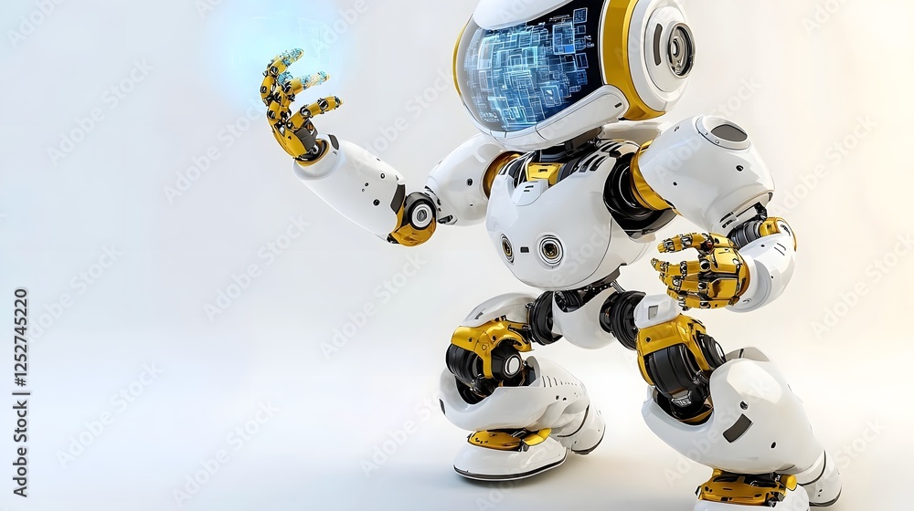Poster robotic figure with advanced technology manipulating digital systems using holographic projections f