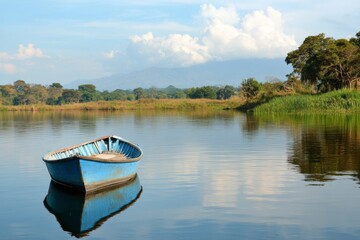 Fototapeta premium Calm blue boat floating on serene river during early morning mist near a tranquil landscape