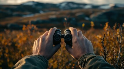 Fototapeta premium Hands adjusting the focus knob of binoculars, capturing a distant target.