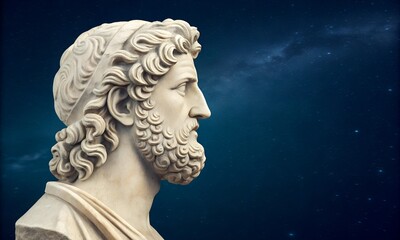 A classical Greek-style marble bust of a bearded man, isolated against a starry night sky. The contrast between ancient art and cosmic space creates a surreal visual.