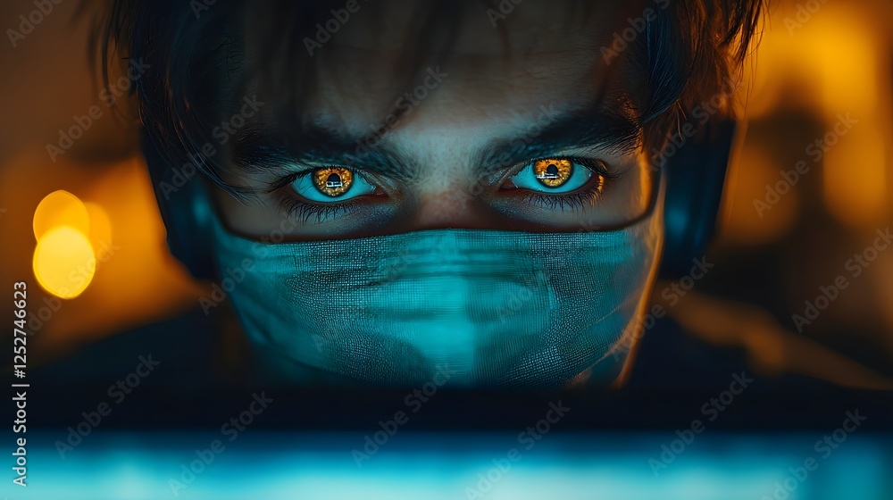 Poster the intense focused gaze of a hacker their eyes visible through a dark mask intently fixated on the 