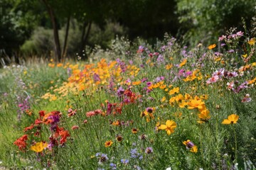 Vibrant wildflower field under clear blue sky with bright sun in a mountainous area