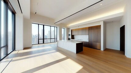 Fototapeta premium Bright and spacious luxury apartment with an open kitchen, chic living room, and a large empty wall for a clean, modern feel.