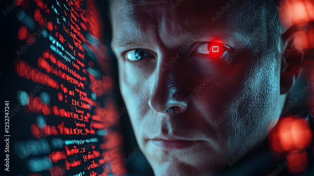 Poster the face of a hacker partially illuminated by the ominous red warning signals displayed on a compute