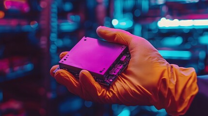 Gloved hand holding a stolen data drive in a futuristic setting with vibrant neon lighting and blurred background symbolizing data theft hacking and cybercrime