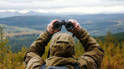 A hiker holding binoculars, with a wide panoramic mountain range in the background.