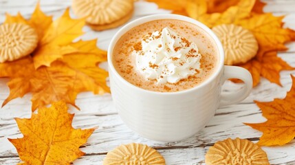 Autumn Pumpkin Spice Latte, cookies, and leaves on a white wooden table