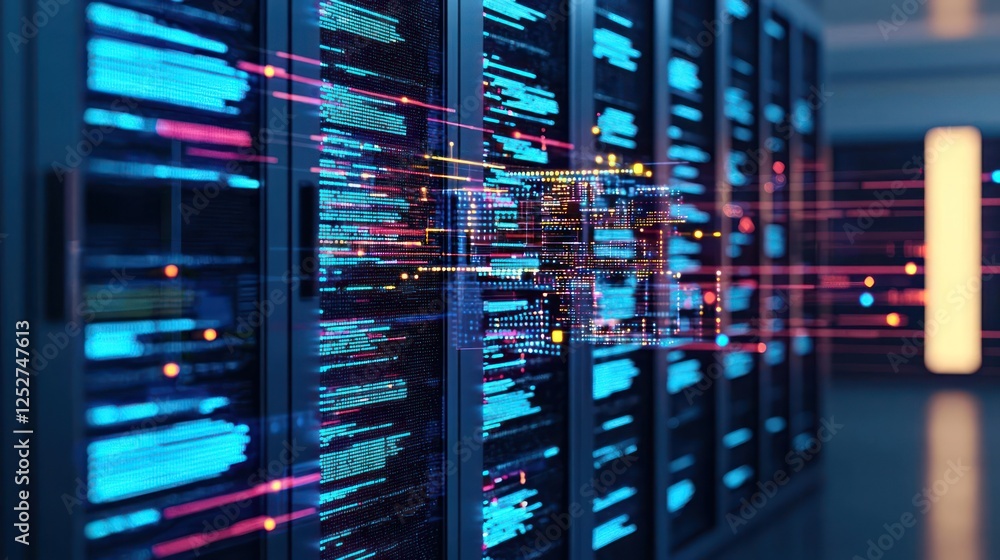 Poster high-tech server room with glowing data streams