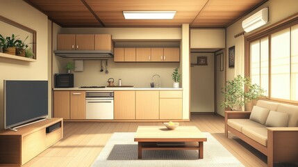 Elegant interior with a high-end kitchen, spacious living room, and a neutral empty wall, creating a sleek, contemporary look.