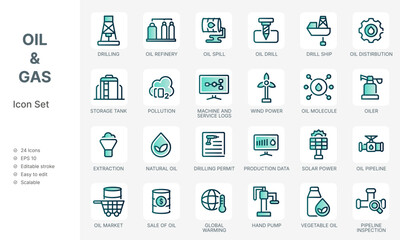 Oil and gas industry modern line icon pack