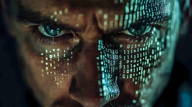 Captivating close up of a hacker s face with scrolling digital numbers and codes reflected in their intense piercing eyes symbolizing the power and complexity of technology cybersecurity