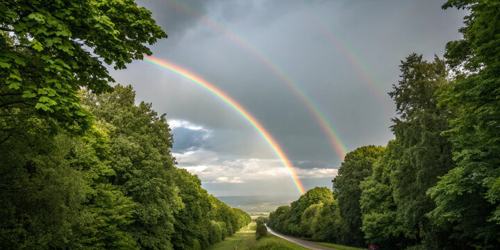  A beautiful double rainbow stretching across a countryside road lined with trees, symbolizing nature’s beauty after the rain.