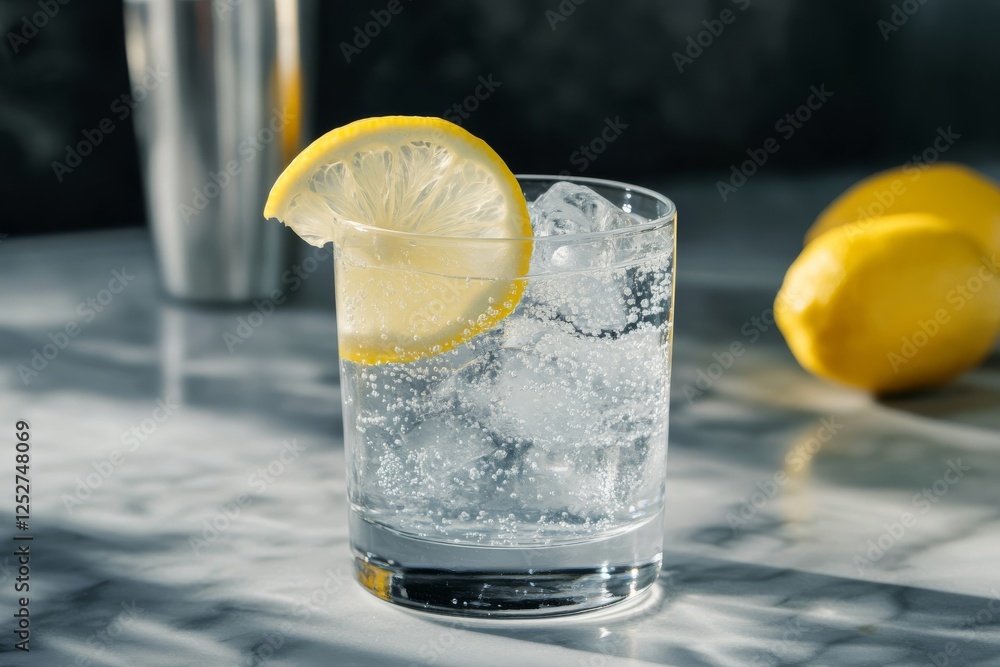 Poster refreshing drink with lemon slice and ice on a marble counter in bright light
