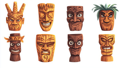 Cartoon set of totem tiki masks isolated on white background. Vector illustration of hawaiian traditional carved wooden accessory for magic ritual, home decoration for protection. Tribal culture