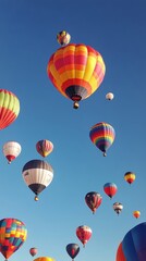 Naklejka premium Colorful hot air balloons fill the clear sky during a vibrant festival event in autumn