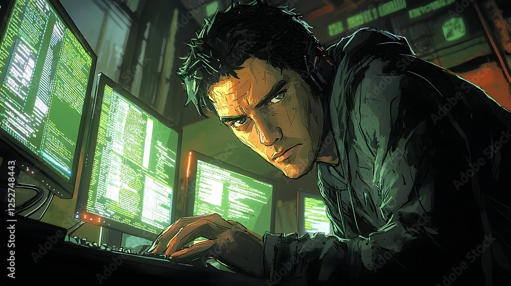 Poster hacker s intense and focused expression is illuminated by the glow of multiple computer screens in a
