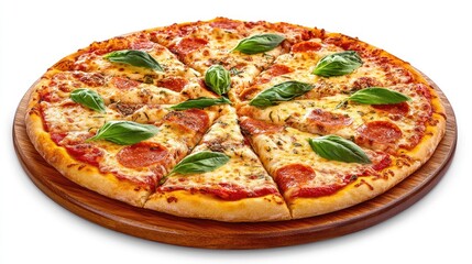 A classic Margherita pizza with bubbling mozzarella, fresh basil leaves, and a crispy golden crust, served on a wooden board