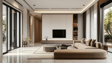 Fototapeta premium Luxury home with a monochrome kitchen, refined furniture, and a blank accent wall, creating a perfect minimalist aesthetic.