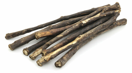 Dark brown sticks on white background, pet chew